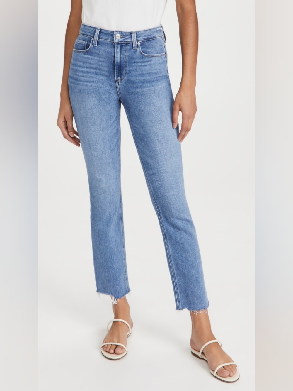 PAIGE Cindy High Rise Distressed Straight Leg Raw Hem Jeans Cropped Size 31
